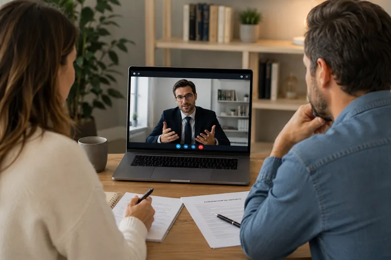 Couple en visioconférence avec un avocat pour préparer son divorce