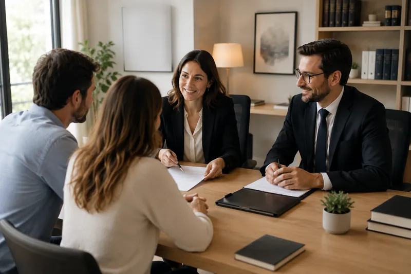 Couple recevant chacun son avocat autour d'une table lors d'un divorce par consentement mutuel